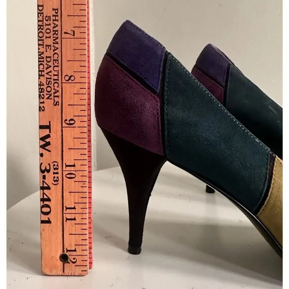 Nine West Kaspiao‎ Open Toe Suede High Heel Dopamine Patchwork Size 8M Y2K - Picture 11 of 16